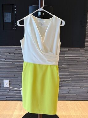 White and Lime Green Two-Tone Sleeveless Sheath Dress